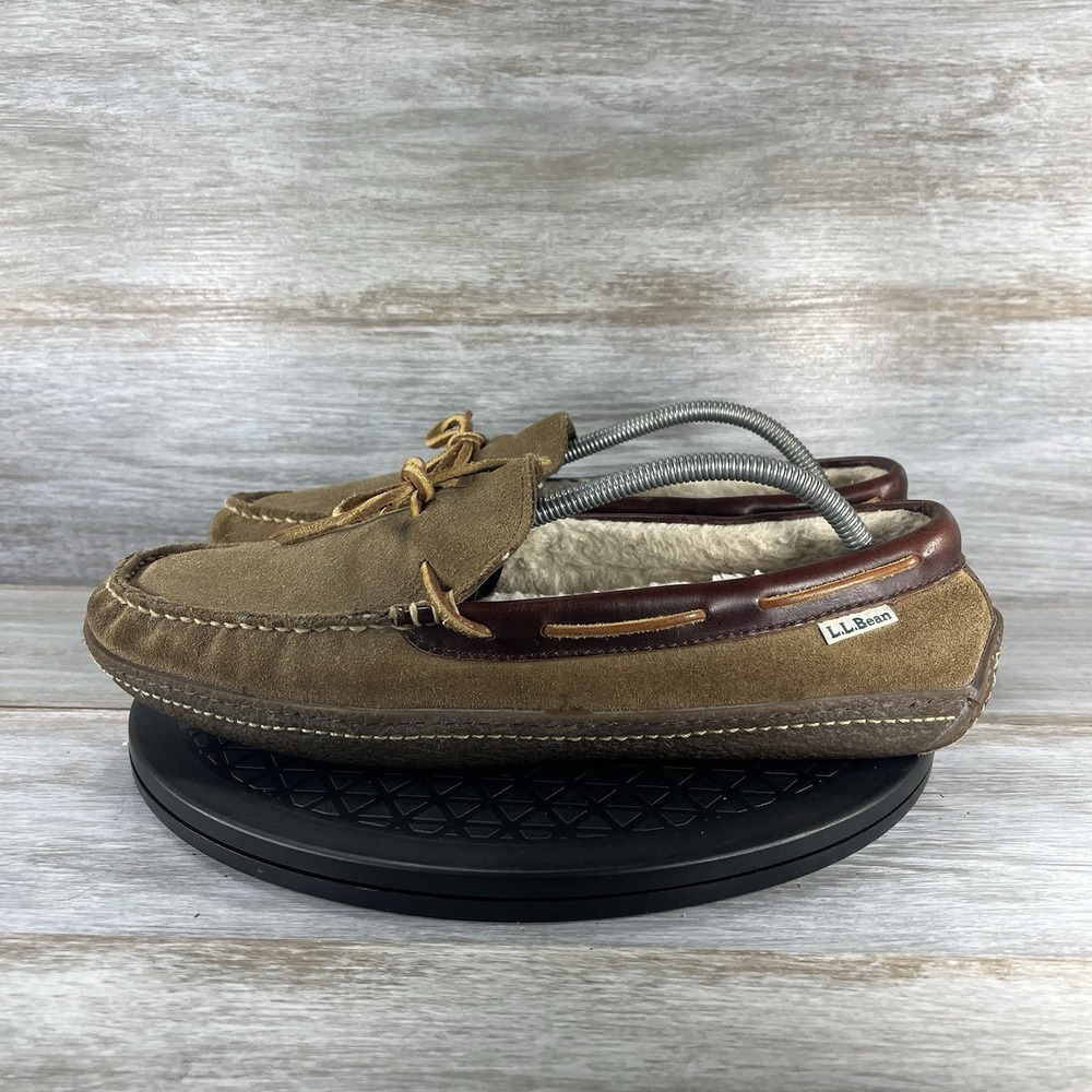 L.L. Bean Men's Handsewn Flannel Lined Brown Suede Slippers Size 11